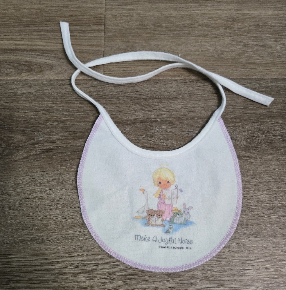 Vintage Precious Moments Samuel J Butcher White Baby Bib Make a Joyful Noise